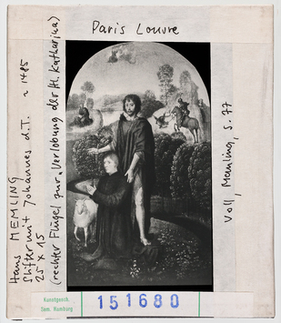 Vorschaubild Hans Memling: Stifter mit Johannes dem Täufer (rechter Flügel zur Verlobung der Hl. Katharina). Paris, Louvre 